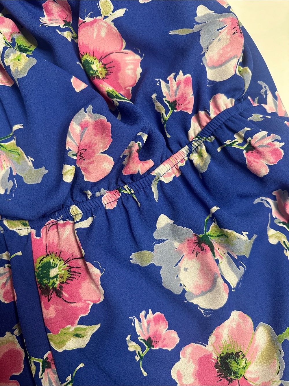 Peach Love California Blue Off-Shoulder Floral Romper with Pink Blooms - Picture 11 of 12